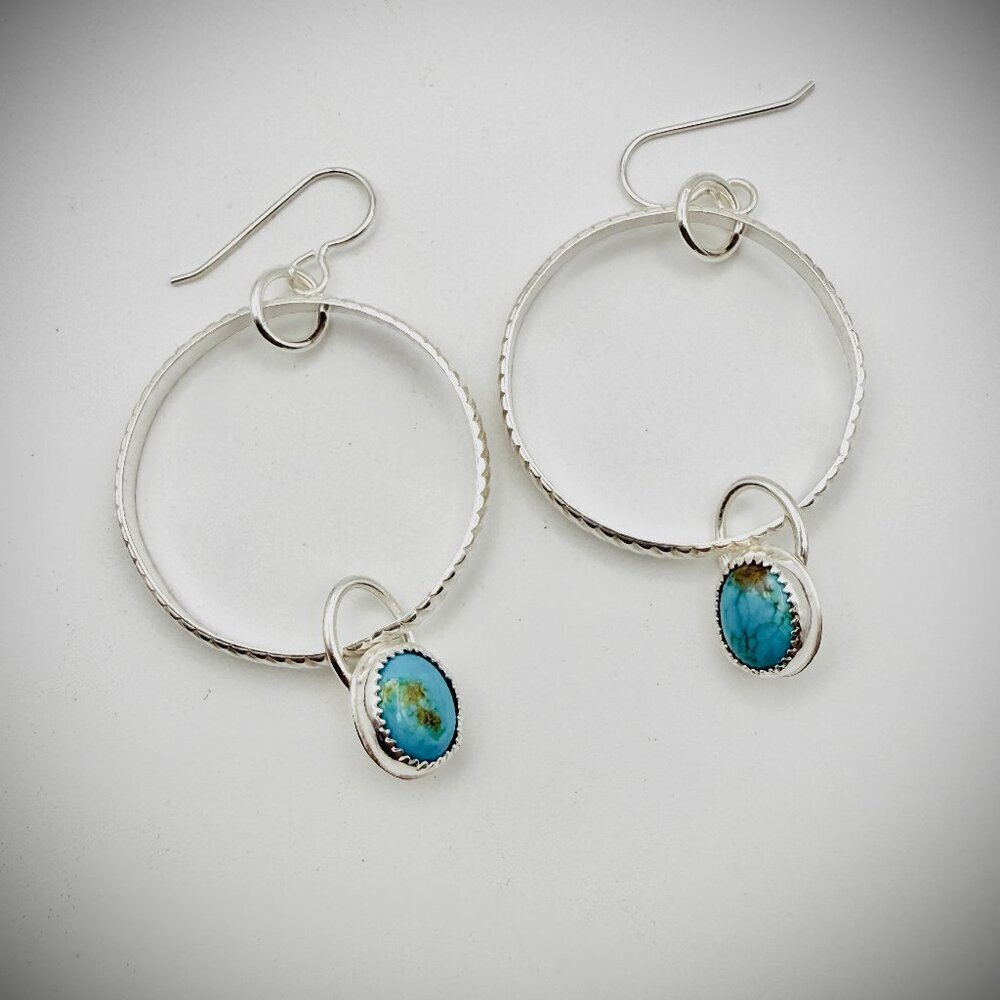 Sterling Silver Turquoise Hoop Dangle Earrings 925 Artisan Made
